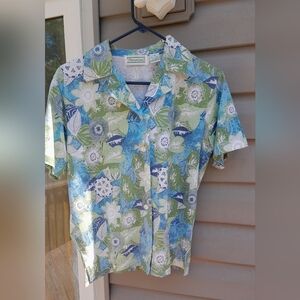 Shenanigans Tropical Green and Blue Button Down Shirt Medium Casual